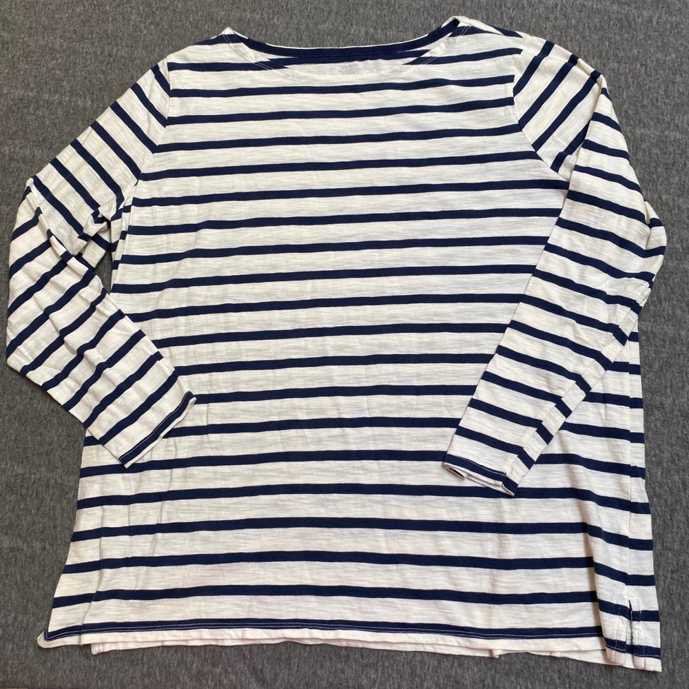 Old Navy Womens 2X Plus Blue Cream Striped Long Sleeve Cotton Slub Boat Neck Tee